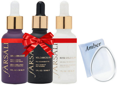 

Amber Silicon puff, unicron essence And rose gold elixir and volcanic elixir farsali face serum(Set of 4)