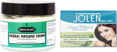 Sheer Secret Herbal Massage Cream 300ml and Jolen Aloe Vera Bleach 35g(Set of 2)
