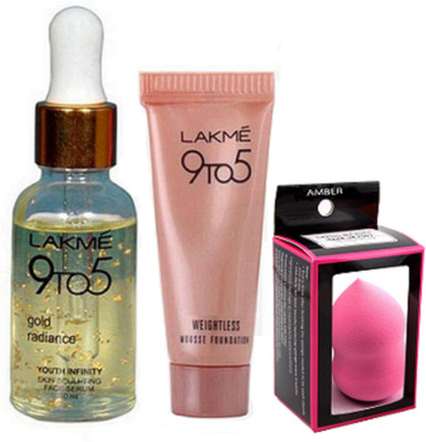 

Amber Sponge Puff & Lakme 9 to 5 Gold Radiance Face Serum & Weightless Mousse Foundation(Set of 3)