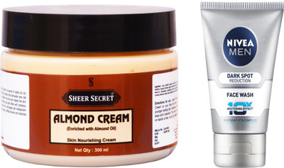 

Sheer Secret Almond Cream 300ml and Nivea Men Dark Spot Reduction Face Wash 100ml(Set of 2)