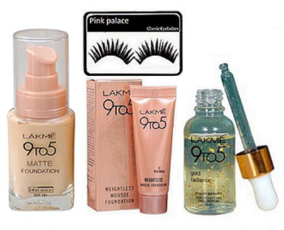 

pink palace Eyelashes, Lakme 9to5 matte foundation, weightless mousse foundation, gold radiance face serum(Set of 4)