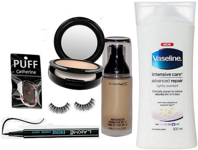 

catherine Silicon Puff, Eyelashes, Mac Compact, Matchmaster Foundation,Vaseline Body Lotion, Lakme Eyeconic Eyeliner(Set of 6)