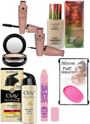 

REBELEYES puff,lakme 9to5 naturale bi phase foundation,eyeliner ,mascara,compact,olay total effects 7 in one anti ageing cream,maybelline baby lip(Set of 7)