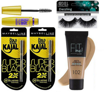

Dazzling Eyelashes With Maybelline Super black kajal Pack Of 2 & Fit Me Foundation with Magnum mascara(Set of 5)