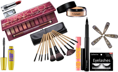

catherine Eyelashes, Naked Eyeshedow Pallete & Makeup Brush, Mac Pen Eyeliner, Loose Powder, Lakme Enrich Lipstick, Maybelline Magnum Mascara, Baby Lips Lip Balm, Hair Clips-5(Set of 9)