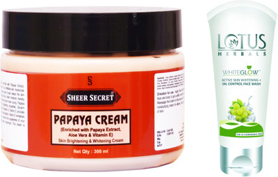

Sheer Secret Papaya Cream 300ml and WhiteGlow Active Skin Whitening + Oil Control Face Wash 100ml(Set of 2)
