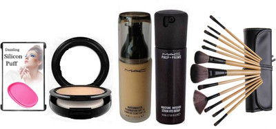 

DAZZLING Silicon puff , Mac (Studio Fix Compact,Match Master Foundation,Prep + Prime Moisture Infusion Serum & Bobbi Brown Makeup Brush Set of 12(Set of 16)