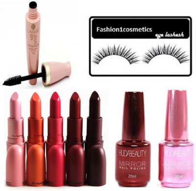 

FASHION1COSMETICS Combo of lipstick,nailpolish,mascara,eyelashes(Set of 9)
