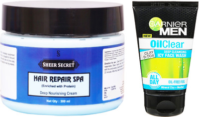 

Sheer Secret Hair Repair Spa 300ml and Garnier Men Oil Clear Face Wash 100ml(Set of 2)