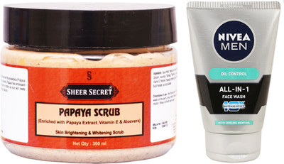 

Sheer Secret Papaya Scrub 300ml 300ml and Nivea Men All In 1 Face Wash 100ml(Set of 2)