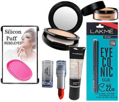 

REBELEYES puff,loose powder,Mattifying Base Primer,compact,eyeconic kajal,enrich matte lipstick(Set of 6)