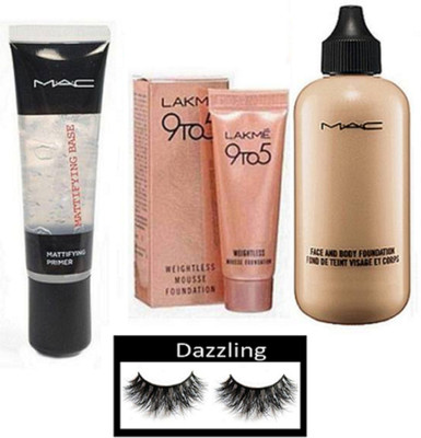

Dazzling Eyelashes, Mac Face & Body Foundation, Lakme Mousse, Face Primer(Set of 4)