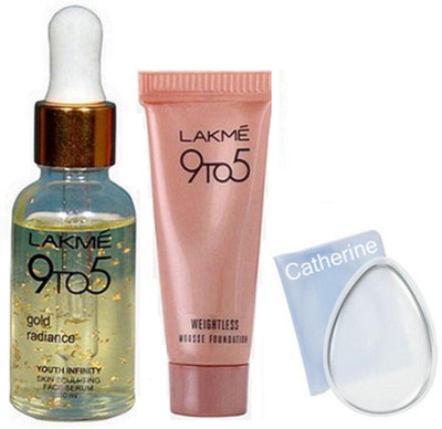 

catherine silicon puff, Lakme 9to5 mousse foundation, gold radiance face serum(Set of 3)