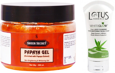 

Sheer Secret Papaya Gel 300ml and WhiteGlow 3 In 1 Deep Cleansing Skin Whitening Facial Foam 100ml(Set of 2)