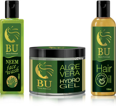 

BU Anti-Greying And Hair Growth Oil With Multipurpose Beauty Hydro Aloe Vera Gel And Neem Facewash (100% Organic And Herbal)(Set of 3)