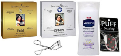 

Dazzling silicon puff & Gold & Diamond facial kit & body lotion with Eyelashes curler(Set of 4)