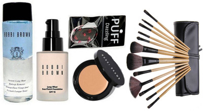 

Dazzling Silicon Puff With Corrector Concealer And Long Wear Even Finish Foundation 15 SPF And Makeup Remover & Bobbi Brown Makeup Brush Set of 12(Set of 16)