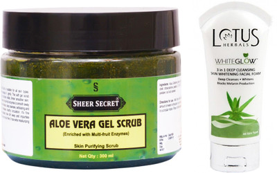 

Sheer Secret Aloe Vera Scrub 300ml and WhiteGlow 3 In 1 Deep Cleansing Skin Whitening Facial Foam 100ml(Set of 2)