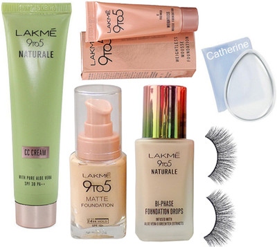 

catherine silicon puff, Lakme 9to5 matte and naturale foundation, cc cream, mousse foundation, eyelashes(Set of 6)
