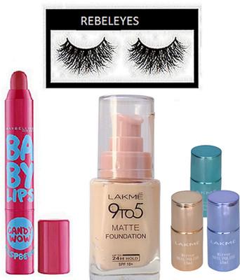 

REBELEYES eyelashes,lakme 9to5 matte foundation,nail paint pack of 3,maybelline baby lip(Set of 6)