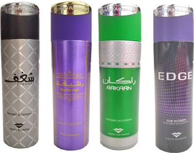

Swiss Arabian Shaghaf,Rasheeqa,Rakaan,Edge 4pcs Combo Body Spray - For Men & Women(200 ml, Pack of 4)