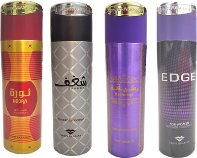 

Swiss Arabian Noora,Shaghaf,Rasheeqa,edge 4pcs combo Body Spray - For Men & Women(200 ml, Pack of 4)