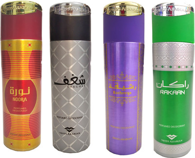 

Swiss Arabian Noora,Shaghaf,Rasheeqa,Rakaan 4pcs combo Body Spray - For Men & Women(200 ml, Pack of 4)