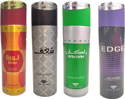 

Swiss Arabian Noora,Shaghaf,Rakaan,Adge 4pcs combo Body Spray - For Men & Women(200 ml, Pack of 4)