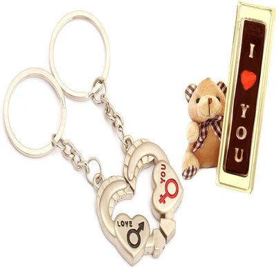

Ghasitaram Gifts Valentine- I Love you Couple Keychain with Teddy and Chocolate Combo(4)