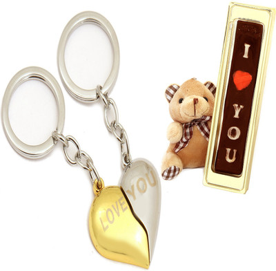 

Ghasitaram Gifts Valentine- Golden Silver Heart Couple Keychain with Teddy and Chocolate Combo(4)