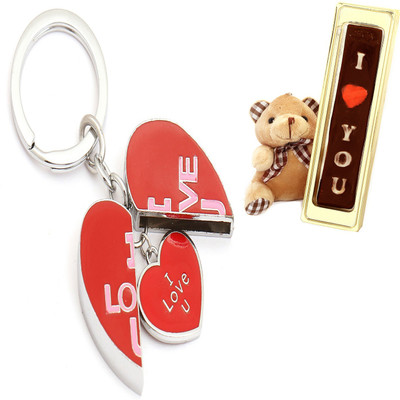 

Ghasitaram Gifts Valentine- Open Heart Couple Keychain with Teddy and Chocolate Combo(3)