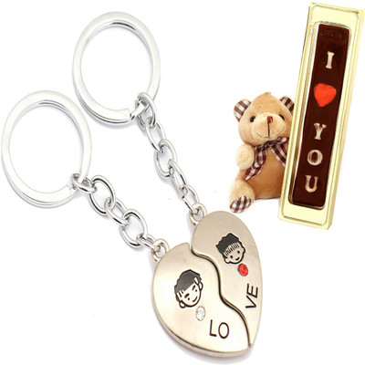 

Ghasitaram Gifts Valentine- Metal Love Heart Couple Keychain with Teddy and Chocolate Combo(4)