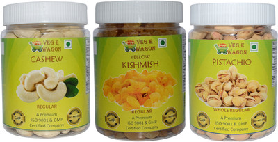 

Veg E Wagon Cashew Regular,Yellow Kishmish Pre& Pista Whole Pre(250 Each) Cashews, Raisins, Pistachios(750 g, Plastic Bottle)