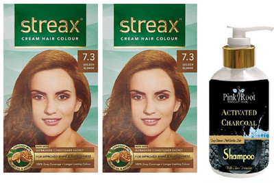

Pink Root Activated Charcoal Shampoo with Streax 2 Pcs 7.3 Golden Blonde Cream Hair Color(Set of 3)