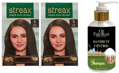 

Pink Root Dandruff Control Shampoo with Streax 2 Pcs 5 Light Brown Cream Hair Color(Set of 3)