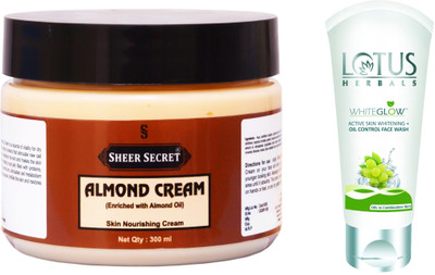 

Sheer Secret Almond Cream 300ml and Lotus WhiteGlow Active Skin Whitening + Oil Control Face Wash 100ml(Set of 2)