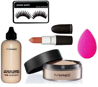 

power point eyelashes,face and body foundation,loose powder, sponge puff, lipstick(Set of 5)