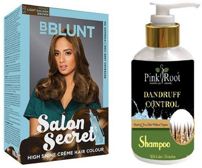 

Pink Root Dandruff Control Shampoo with Bblunt 5.32 Light Golden Brown Saloon Secret Hair Color(Set of 2)