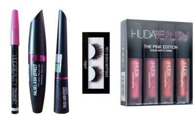 

jollity Eyelash And Huda Beauty 3 in 1 ( Eyebrow Pencil, Eyeliner, Mascara) And Huda Beauty Pink Edition(Set of 8)