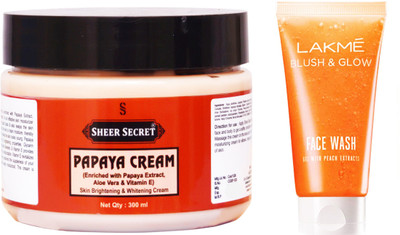 

Sheer Secret Papaya Cream 300ml and Lakme Blush & Glow Peach Gel Face Wash 100ml(Set of 2)