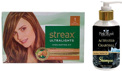 

Pink Root Activated Charcoal Shampoo with Streax Ultralights 1 Soft Highlights Highlightings Kit(Set of 2)