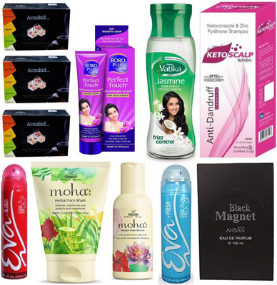 

Dabur Jasmine Coconut Oil, Acnobid Natural Soap, Boro Plus Antiseptic Cream, Ketoscalp, Anti Fungal & Anti Dandruff Shampoo, Eva Deo, Moha Face Wash & Hair Serum and Ahsan Black Magnet Perfum(Set of 11)