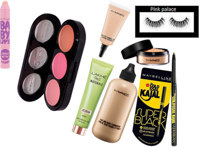 

pink palace Eyelashes,3 shadeblush, select cover up concealer,face and body foundation, loose powder,naturale CC cream,, Colossal kajal, lip balm(Set of 8)
