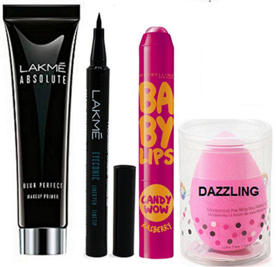 

Dazzling Puff & Lakme Absolute primer & eyeliner & maybelline Baby lip(Set of 4)