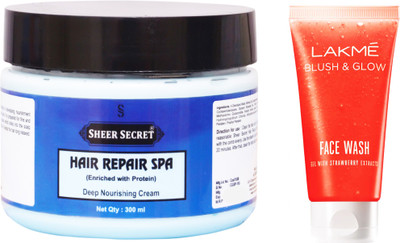 

Sheer Secret Hair Repair Spa 300ml and Lakme Blush & Glow Strawberry Gel Face Wash 100ml(Set of 2)