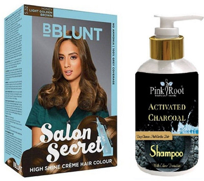 

Pink Root Activated Charcoal Shampoo with Bblunt 5.32 Light Golden Brown Saloon Secret Hair Color(Set of 2)