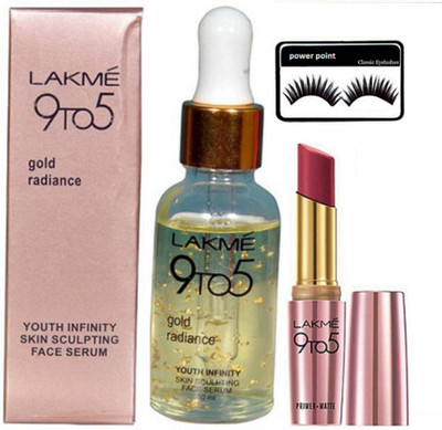 

power point eyelashes, gold radiance youth infinity skin sculpting face serum and matte lipstick(Set of 3)