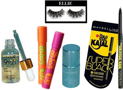 

Ellie Eyelashes, Lakme 9to5 Gold Radiance Face Serum, Mirror Nail paint, Maybelline New York Colossal Super Black kajal, Candy Wow Cherry Lipbalm(Set of 6)
