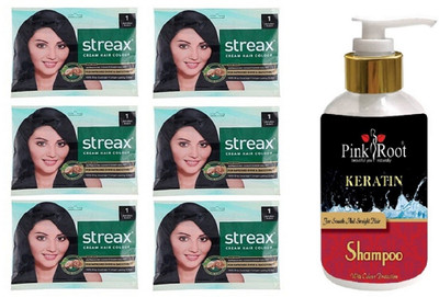 

Pink Root Kertain Shampoo with Streax Sachet 6 Pcs 1 Natural Black Cream Hair Color(Set of 7)