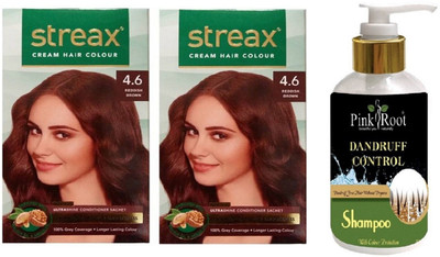 

Pink Root Dandruff Control Shampoo with Streax 2 Pcs 4.6 Reddish Brown Cream Hair Color(Set of 3)